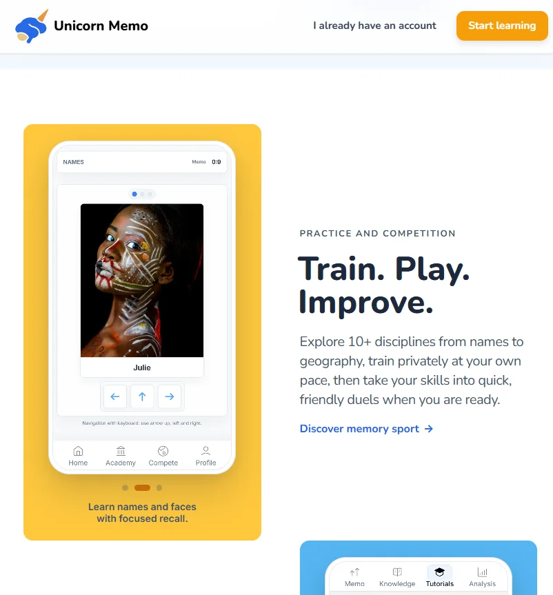 A screenshot of the Unicorn Memo website, showing the names-and-faces training discipline